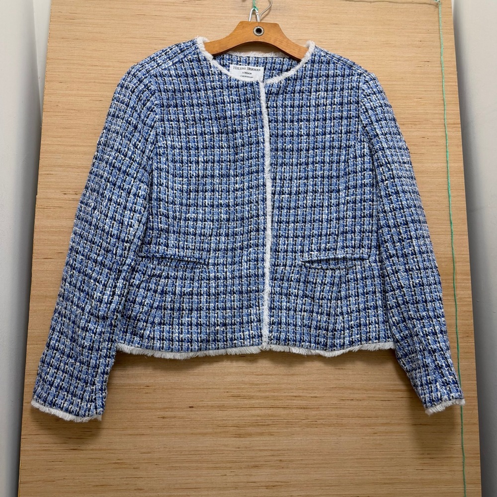 Helene Berman London Blue Tweed Frayed Trim Open Front Jacket Made in England L